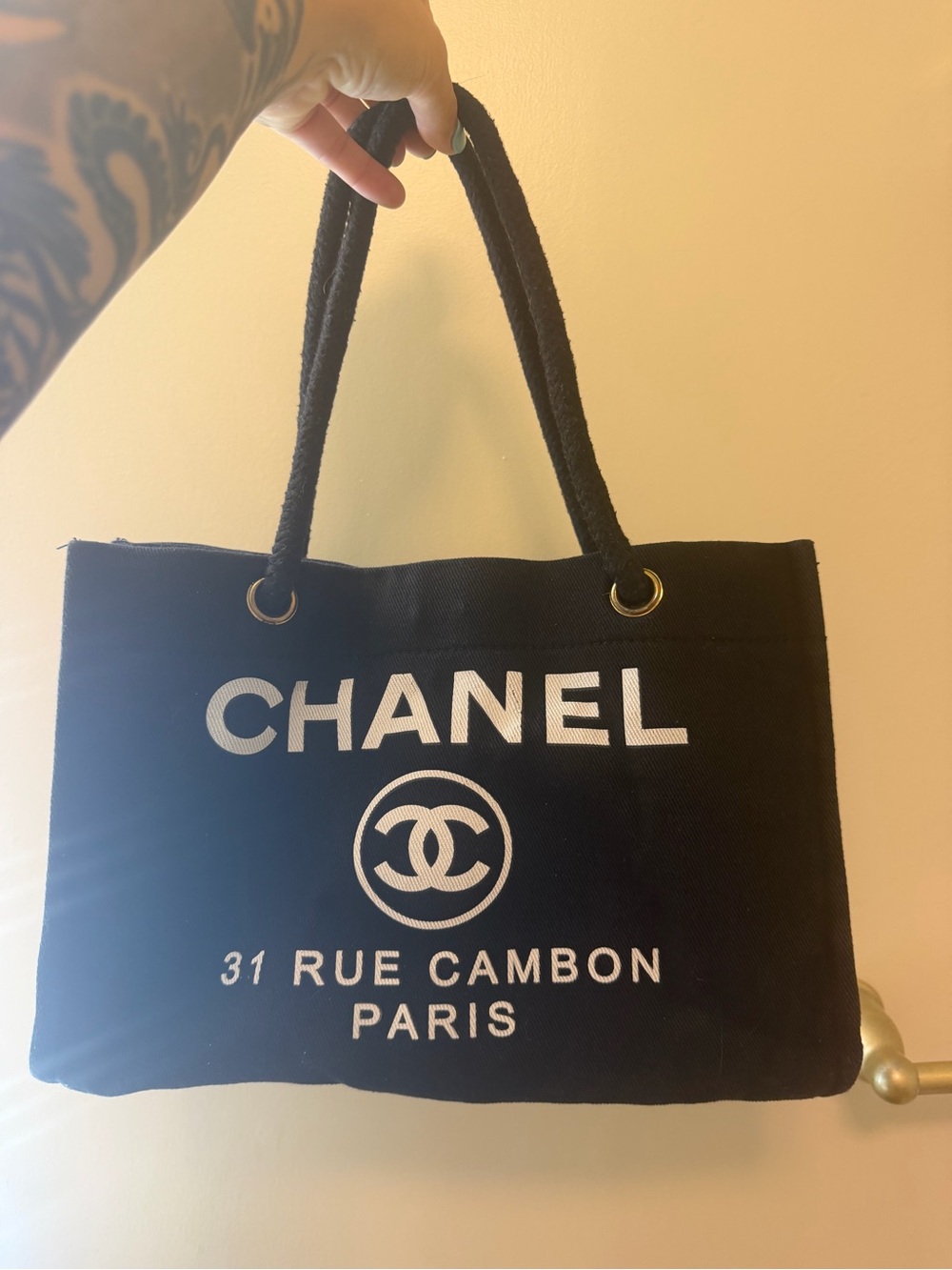 CHANEL Black Canvas Logo Tote with White Print